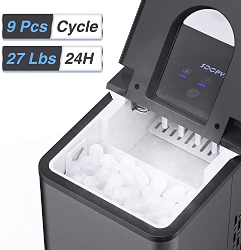 SOOPYK Ice Makers Countertop | Portable Ice Maker Cube | 27 lbs in 24 hrs | 9 Ice Cubes Per 5-8 Mins | Ice Maker Machine Self Cleaning Function | Ice Scoop and Basket,Stainless Steel