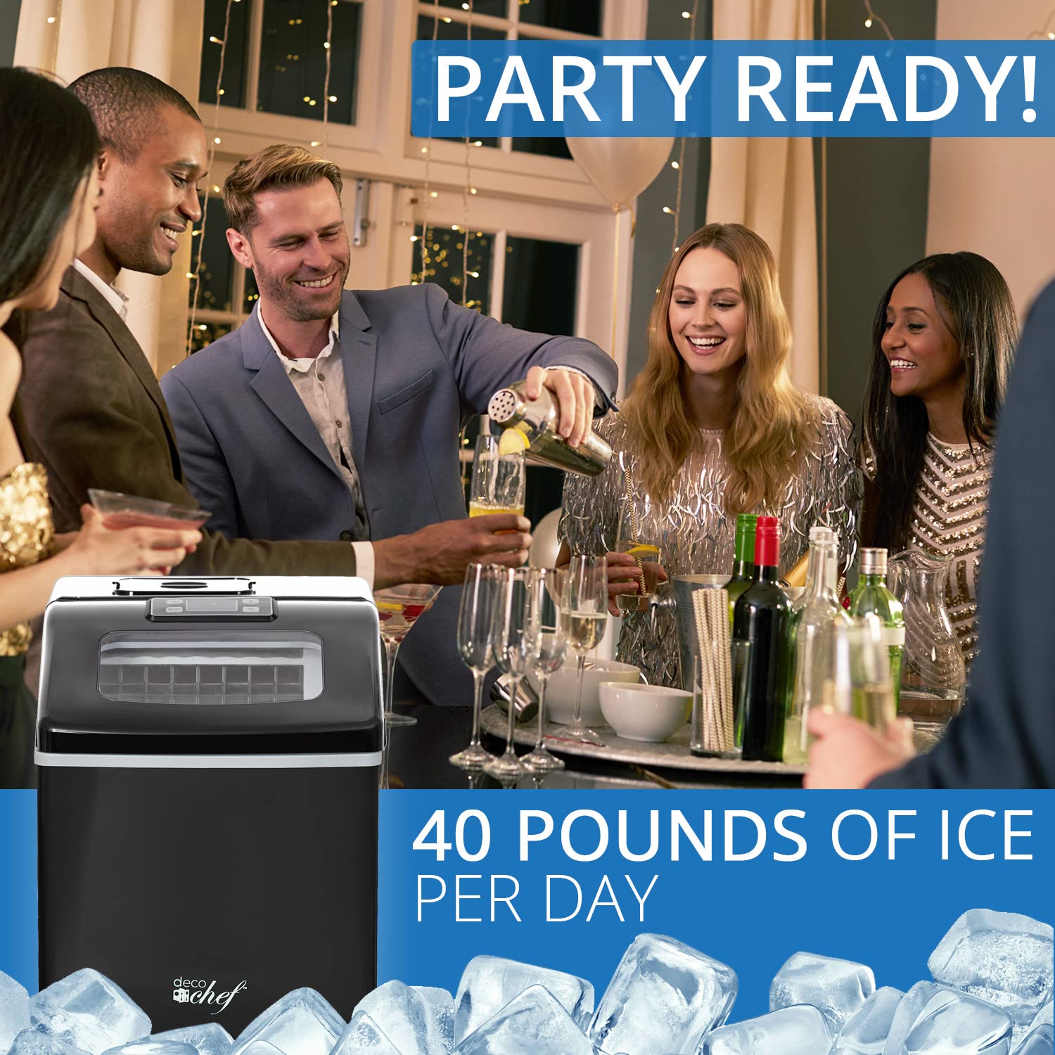 Deco Chef Countertop Ice Maker 40LB/24H, 24 Full Cubes Every 15 Minutes, Adjustable Size, Digital Control and Timer, Self-Cleaning, EZ Access Flip Lid, Scoop Included, Black