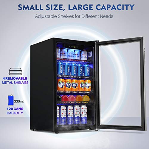 AstroAI Beverage Refrigerator with Temperature Control -3.2 Cu.Ft, 120 Can Mini Fridge with Glass Door for Beer Soda or Wine - Drink Fridge for Office/Bar with Reversible Door and Removable Shelves