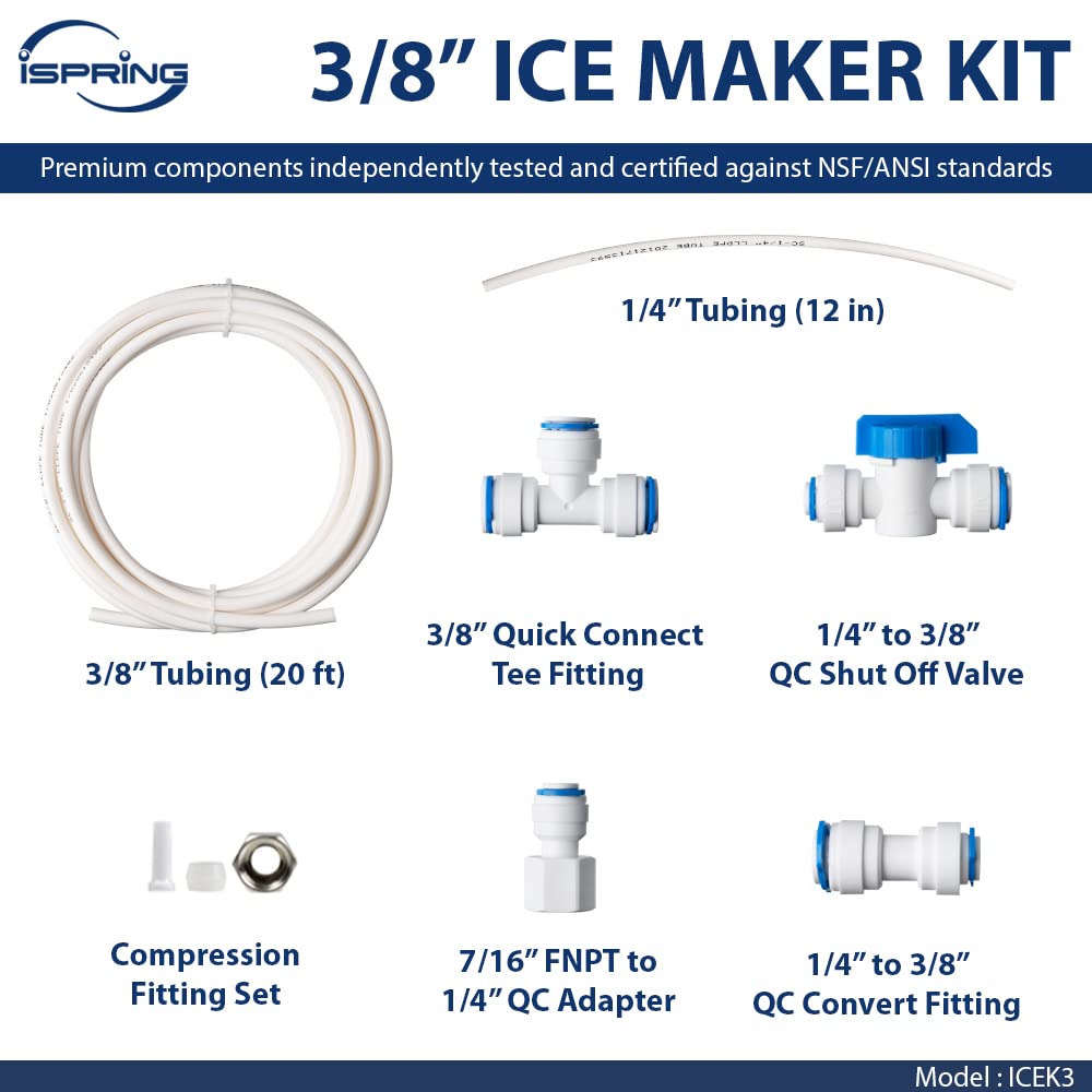 iSpring ICEK3 3/8" Tubing Water Line Splitter and Reverse Osmosis Refrigerator Ice Maker Kit, Fits PH100, RO100, US15 Series, 20 feet, Everything Included for Installation