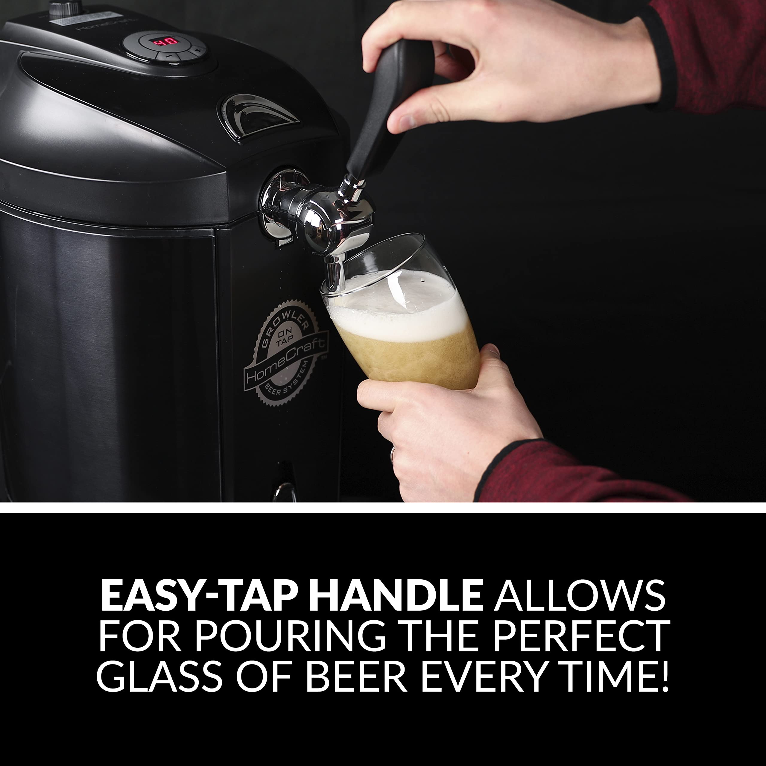 Homecraft Black Stainless Steel Easy-Dispensing Tap Beer Cooling System Kegerator, Includes Reusable Growler, CO2 Cartridges, Removable Drip Tray & Cleaning Kit, Fresh for 30 Days