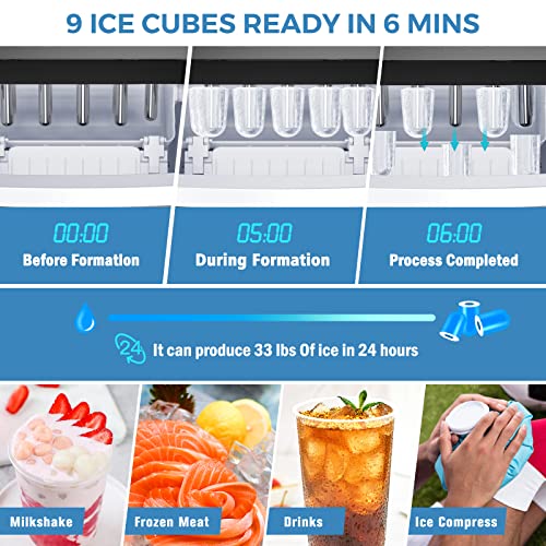 Freezimer Ice Maker Machine for Countertop, 33 lbs/24Hrs, 9 Cubes Ready in 6 Mins Self-Cleaning Electric Ice Machine with Basket and Ice Scoop,Black