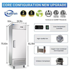 kalifon 27" W Commercial Refrigerator 1 Solid Door, 23 Cu.ft Reach-in Stainless Steel Refrigerator, Upright Fan Cooling for Restaurant, Bar, Home, Shop (Equip 4 Shelves) Warehouse Shipments