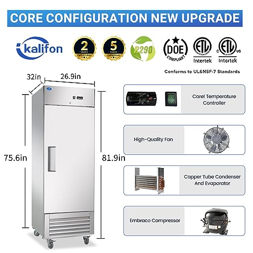 kalifon 27" W Commercial Refrigerator 1 Solid Door, 23 Cu.ft Reach-in Stainless Steel Refrigerator, Upright Fan Cooling for Restaurant, Bar, Home, Shop (Equip 4 Shelves) Warehouse Shipments