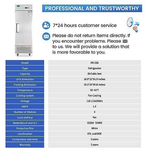 kalifon 27" W Commercial Refrigerator 1 Solid Door, 23 Cu.ft Reach-in Stainless Steel Refrigerator, Upright Fan Cooling for Restaurant, Bar, Home, Shop (Equip 4 Shelves) Warehouse Shipments