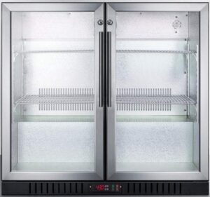 summit scr7012db 36"" commercially listed beverage center with 7.4 cu. ft. capacity 2 factory installed lock interior lights automatic defrost and 2 glass doors and stainless steel trim