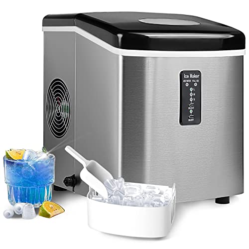 SMETA Countertop RV Ice Maker Portable Nugget Ice Machine Chewable Compact Mini Ice Chip Maker 39LBs Ice/24H Stainless Steel, Bullet Ice Cubes in 8 Mins, Crunchy Style with Ice Scoop & Basket