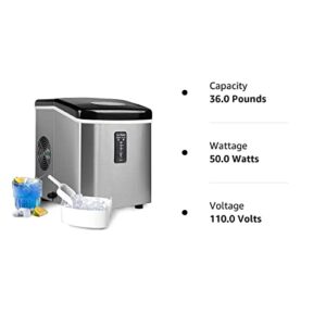 SMETA Countertop RV Ice Maker Portable Nugget Ice Machine Chewable Compact Mini Ice Chip Maker 39LBs Ice/24H Stainless Steel, Bullet Ice Cubes in 8 Mins, Crunchy Style with Ice Scoop & Basket