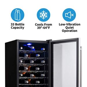 NewAir Compressor Wine Cooler Refrigerator in Stainless Steel | 33 Bottle Capacity | Freestanding or Built-In | UV Protected Glass Door with Lock and Handle