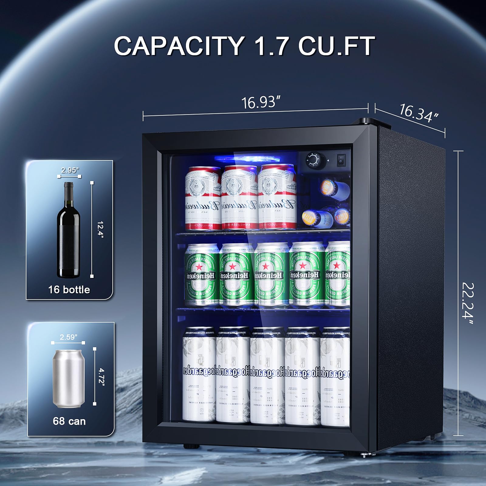 Antarctic Star Beverage Refrigerator Cooler-68 Can 16 Bottle Mini Fridge for Soda Beer Wine Champagne,Glass Door, Drink Dispenser, Knob Control,for Home and Bar,1.7Cu.Ft,Black…