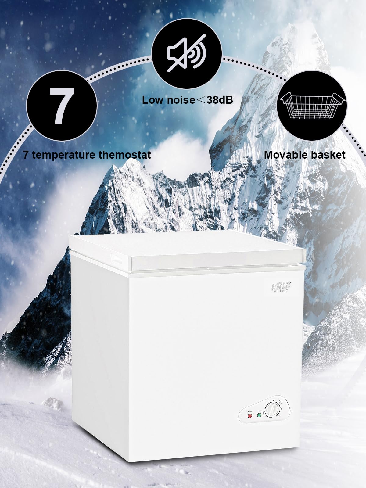 Chest Freezer Krib Bling Adjustable Thermostat Compact Freezers with Removable Storage Basket for House Kitchen Garage Basement (5.0 cu.ft, White)