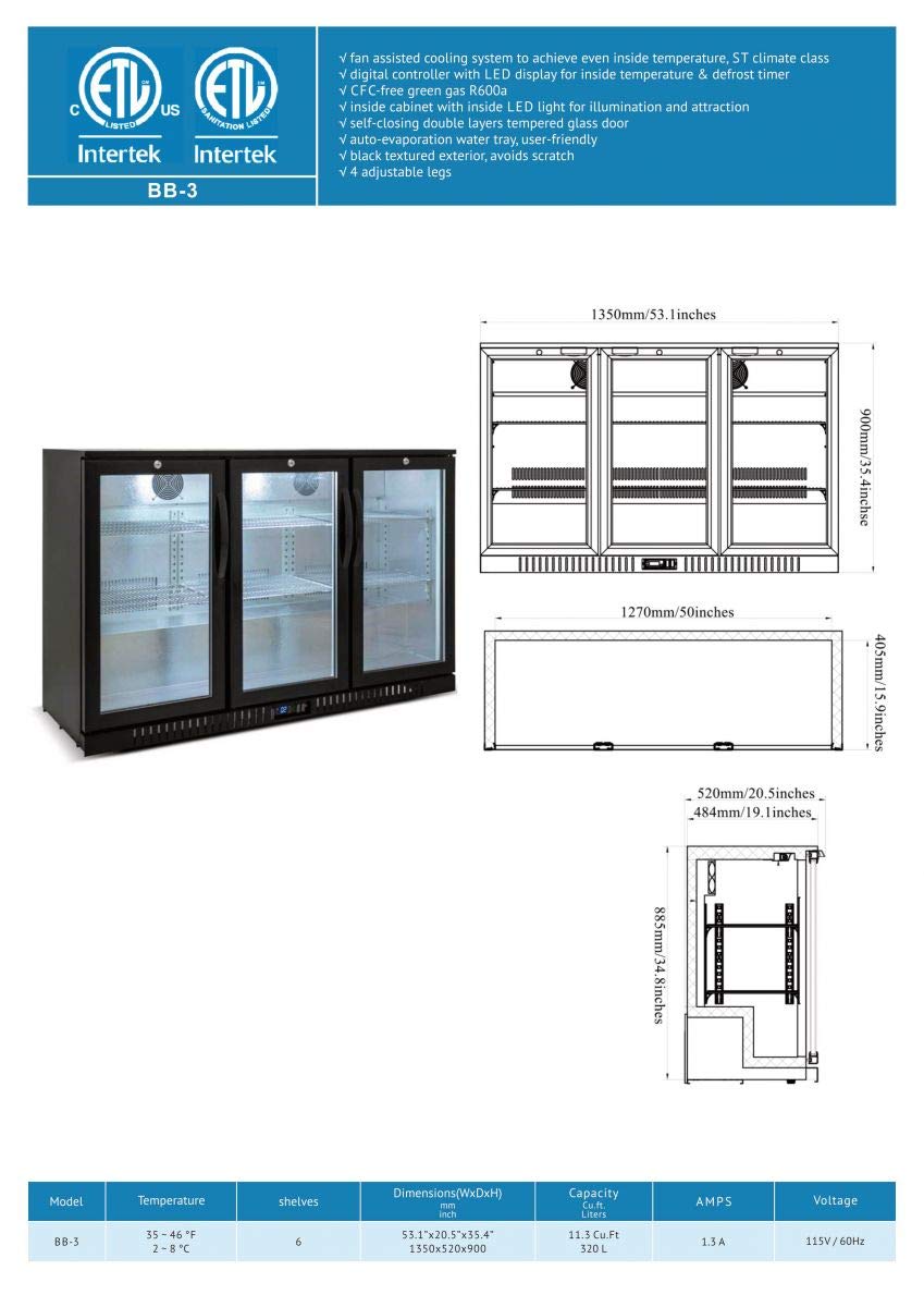 Beer Back Bar Cooler 3 Glass Door (Swing Door) 53" Width Beer Fridge NSF Certified Beverage Refrigerator 11.8 cu.ft Under Counter Height 35°-46°F Black bb3dup