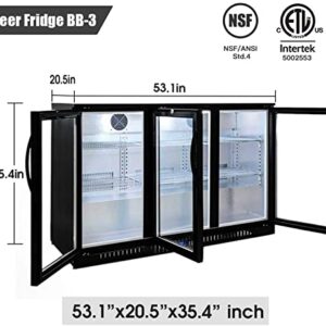 Beer Back Bar Cooler 3 Glass Door (Swing Door) 53" Width Beer Fridge NSF Certified Beverage Refrigerator 11.8 cu.ft Under Counter Height 35°-46°F Black bb3dup