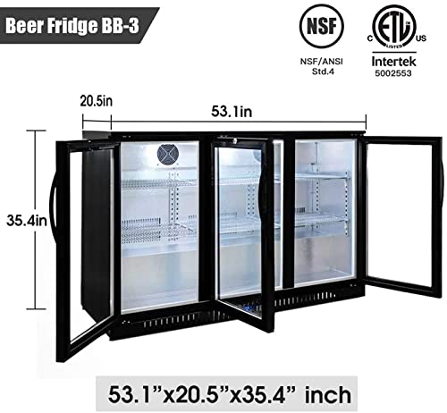 Beer Back Bar Cooler 3 Glass Door (Swing Door) 53" Width Beer Fridge NSF Certified Beverage Refrigerator 11.8 cu.ft Under Counter Height 35°-46°F Black bb3dup