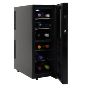 koolatron 12 bottle dual zone wine cooler, black, thermoelectric wine fridge, 1.2 cu. ft. (33l), freestanding wine cellar, red, white, sparkling wine storage for small kitchen, apartment, condo, rv