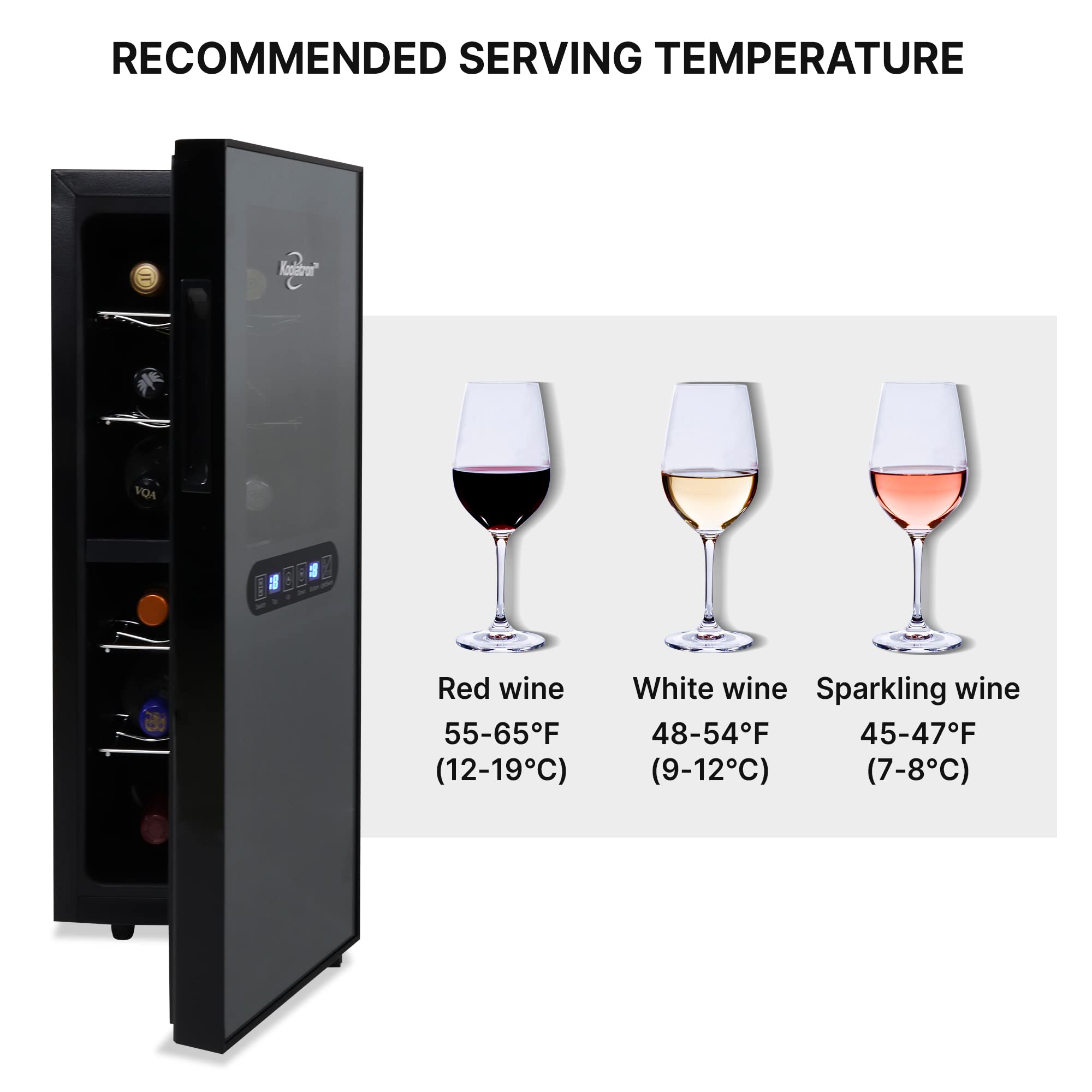 Koolatron 12 Bottle Dual Zone Wine Cooler, Black, Thermoelectric Wine Fridge, 1.2 cu. ft. (33L), Freestanding Wine Cellar, Red, White, Sparkling Wine Storage for Small Kitchen, Apartment, Condo, RV