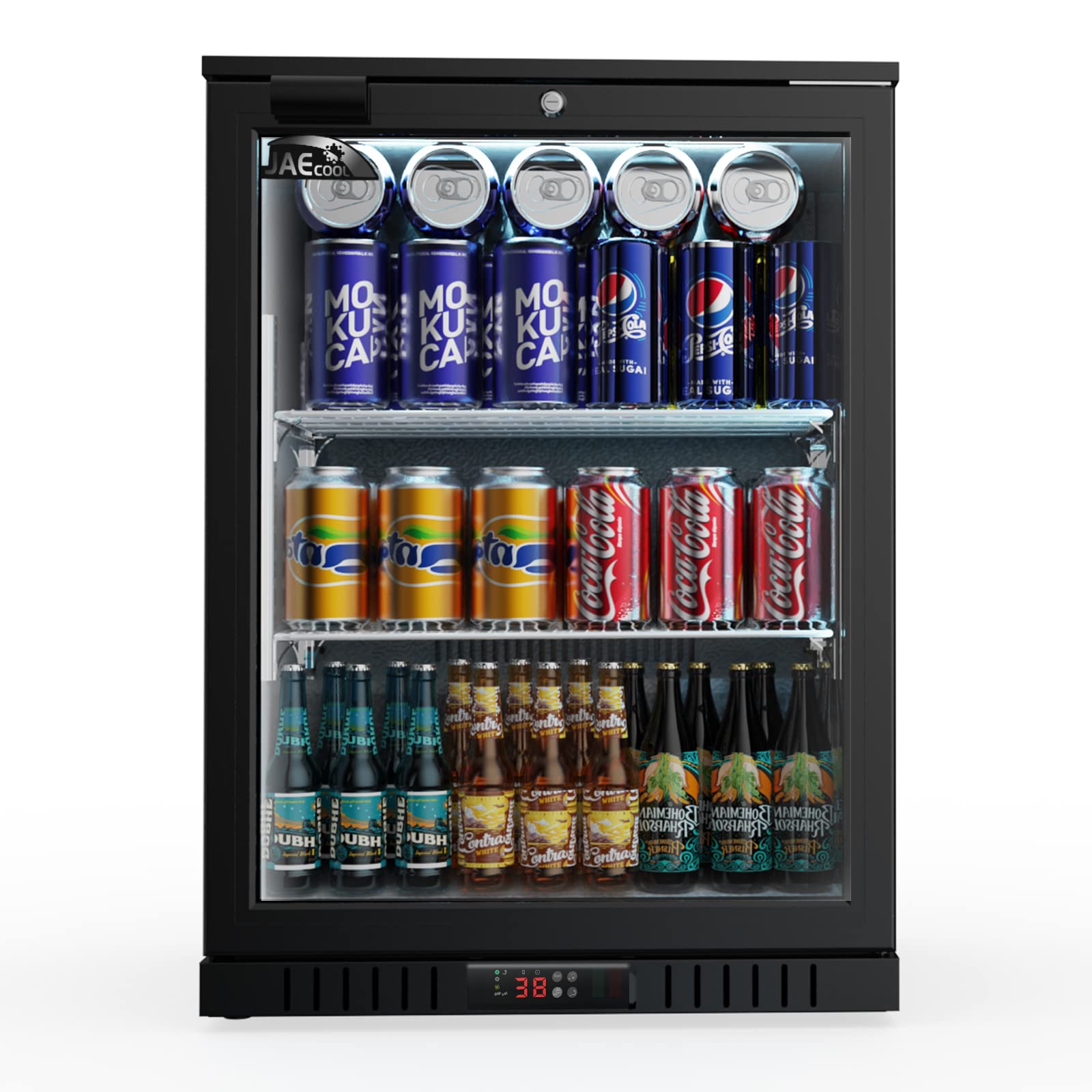 JAE Back Bar Cooler 3.6 cu ft(102 Cans), Low-E Tempered Glass Single door Beverage Refrigerator, Built-in Counter Height Display Cooler, Auto-defrost, Digital Control, Eco-friendly Compressor, ETL