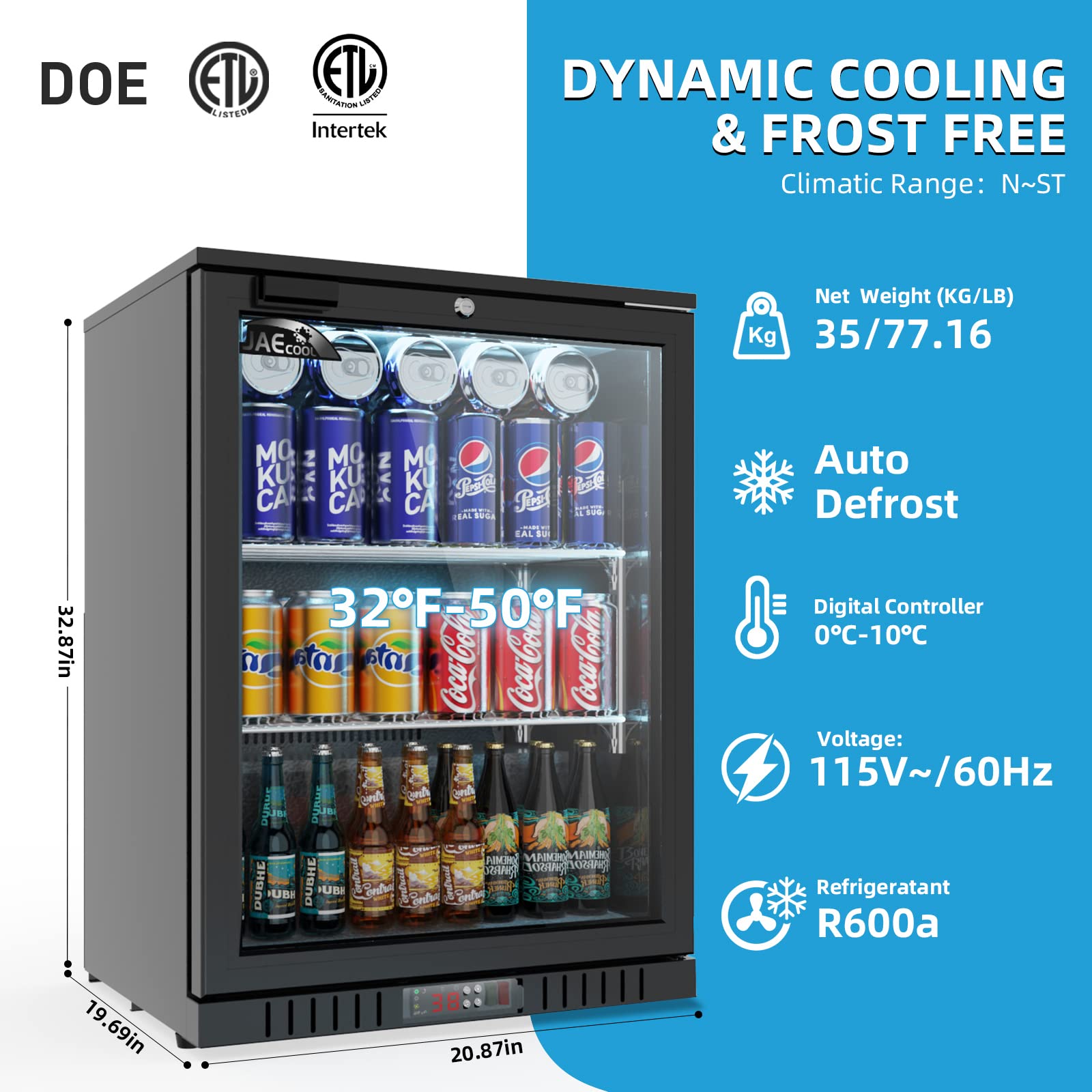 JAE Back Bar Cooler 3.6 cu ft(102 Cans), Low-E Tempered Glass Single door Beverage Refrigerator, Built-in Counter Height Display Cooler, Auto-defrost, Digital Control, Eco-friendly Compressor, ETL
