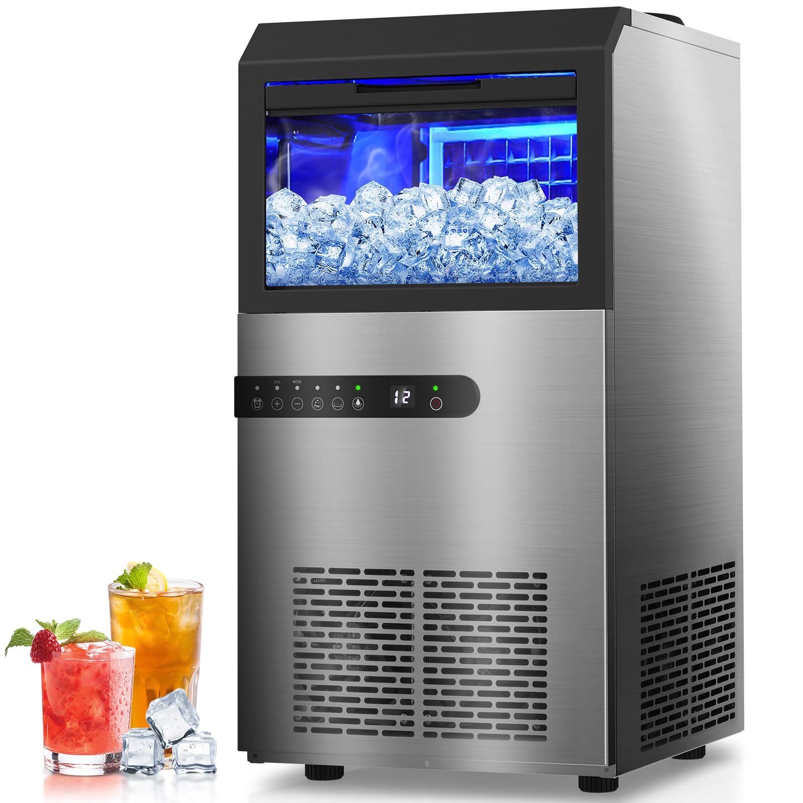 Commercial Ice Machine, 130LBS/24H, 60 Ice Cubes/Cycle Free Standing Under Counter Ice Maker w/Large Ice Bin, 2 Auto Water Inlet Modes, Self Clean, 24H On/Off Timer for Home Party & Business