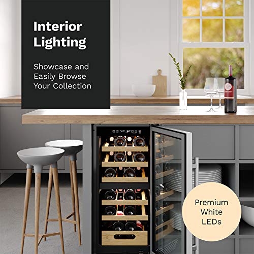 hOmeLabs 25 Bottles High-End Wine Cooler - Standalone Dual-Zone Mini Fridge and Chiller for Wines with Temperature Control Panel, Stainless Steel Reversible Door Swing and Removable Wood Shelves