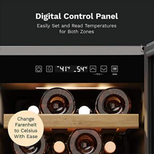 hOmeLabs 25 Bottles High-End Wine Cooler - Standalone Dual-Zone Mini Fridge and Chiller for Wines with Temperature Control Panel, Stainless Steel Reversible Door Swing and Removable Wood Shelves