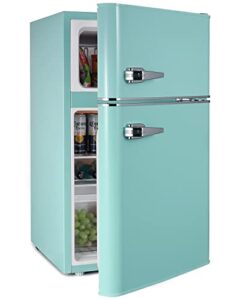 watoor 3.2 cu. ft. mini refrigerator with freezer - removable glass shelves and basket - 7 temp setting - small drink food storage cooler for office, dorm, apartment, bedroom, mint green