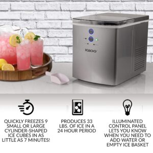 Igloo ICEB33SL Large-Capacity Automatic Portable Electric Countertop Ice Maker Machine, 33 Pounds in 24 Hours, 9 Ice Cubes Ready in 7 minutes, With Ice Scoop and Basket, Perfect for Water Bottles