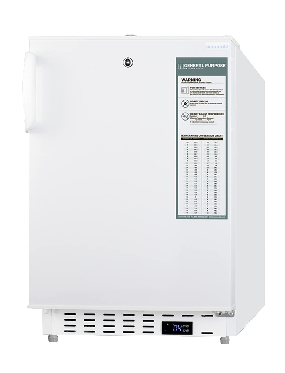 Summit Appliance ADA404REF 20" Wide Built-In All-Refrigerator, ADA Compliant, Factory-installed Lock, 3.32 cu.ft Capacity, Temperature & Open Door Alarms, Automatic Defrost, Adjustable Thermostat