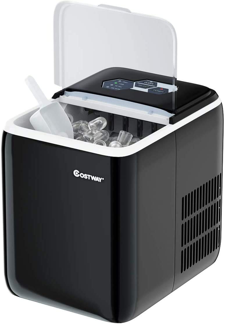 COSTWAY Ice Maker Countertop with Self-Clean Function, Make 44 Lbs Ice in 24 Hours, Ice Cubes Ready in 8.5 Mins, Ideal for Bar Home and Office, Portable Ice Machine with Ice Scoop and Basket, Black