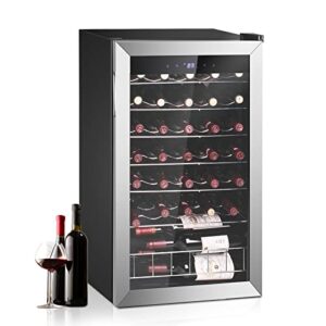 smad wine fridge, 33 bottle wine cooler refrigerator, 19 inch freestanding wine fridge with digital temperature display and glassdoor, 3.5 cuft, stainless steel