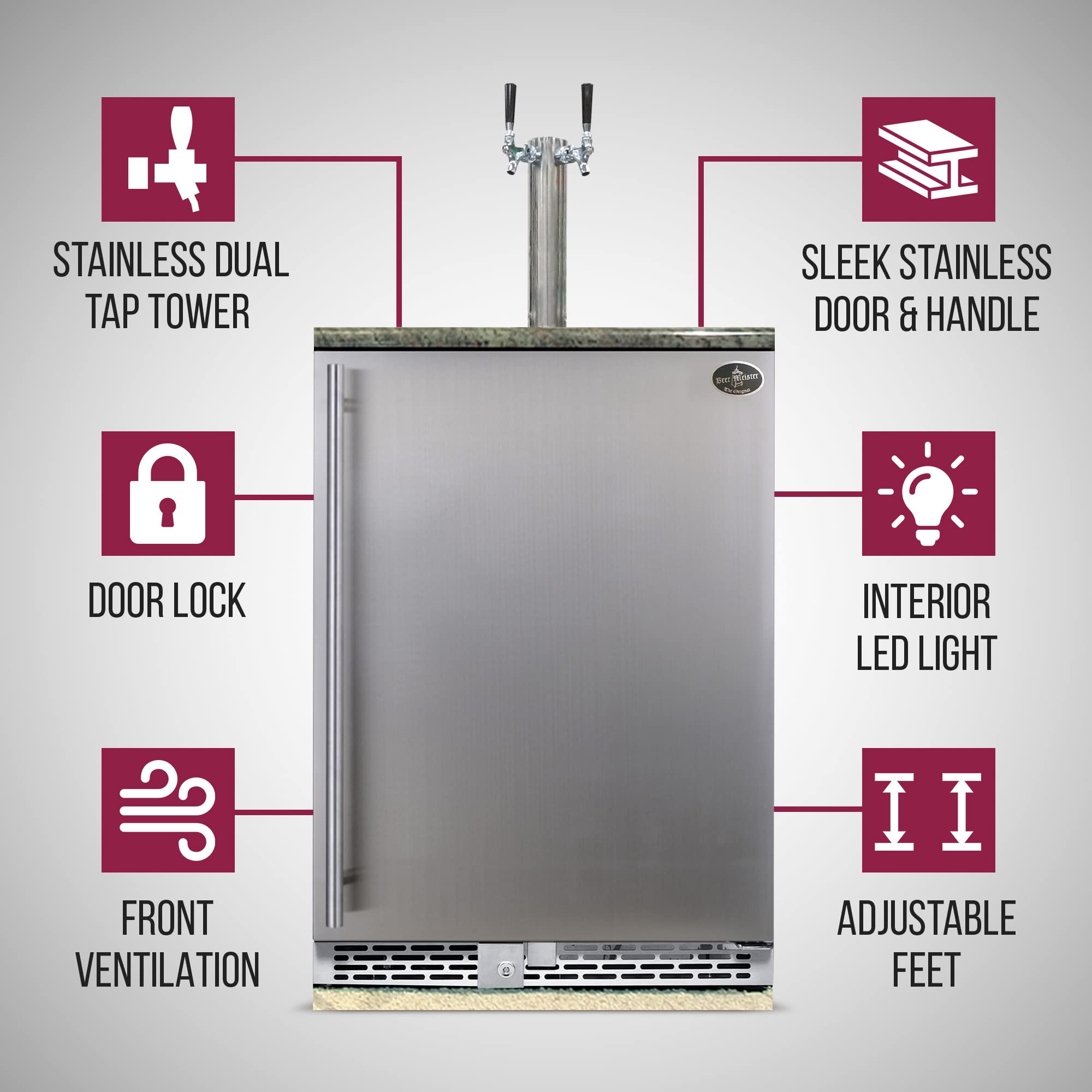 Beer Meister - Beer Kegerator, Draft Beer Dispenser For Home Bar, Beer, Wine, & Bar Soda Dispenser System, Dual Tower w/Stainless Door, Built-in Premium Series, 24.88 x 23.88 x 34.38 inches