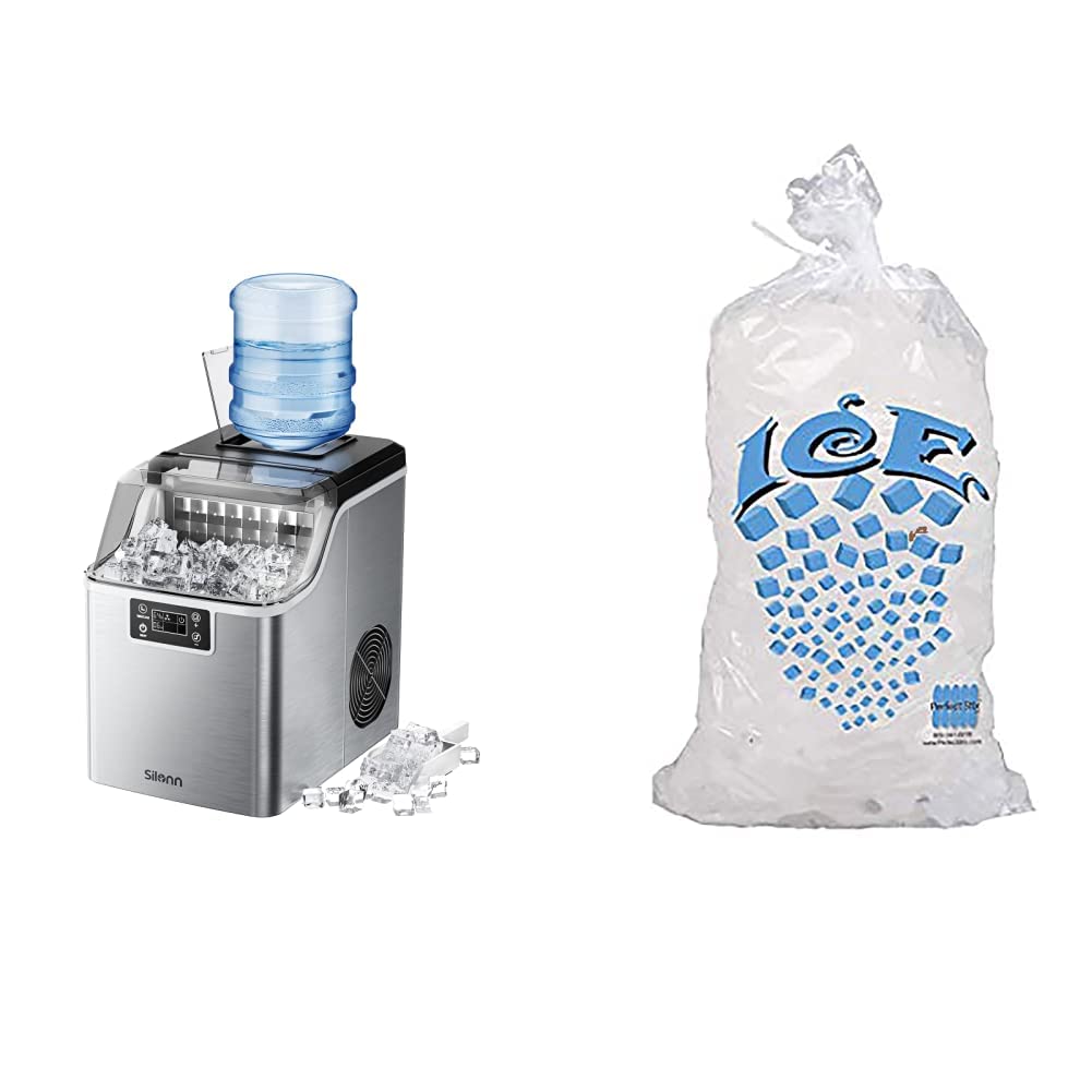 Silonn Countertop Ice Maker (45lbs/Day) + Perfect Stix Icebag10TT-100 Ice Bags (10 lbs) with Twist Tie Enclosure