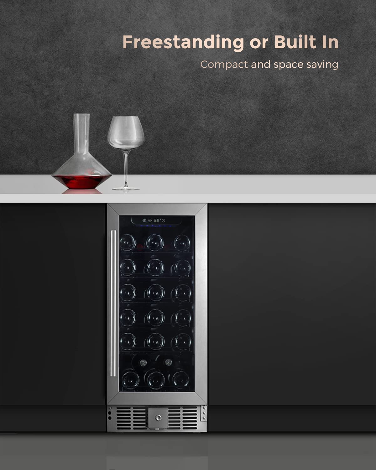 WATOOR 15 Inch Wine Cellar Refrigerator 30 Bottle Wine Cooler Lock Beverage Wine Center for Built-in & Free Standing | 36 F to 61 F Temperature Control l Stainless Steel Glass Door
