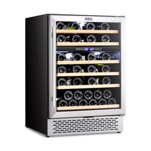 colozo 24 inch wine cooler refrigerator dual zone, 46 bottle freestanding built-in under counter mini cellars fridge with stainless steel &tempered glass door and temperature memory function
