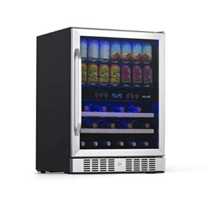 newair 24" wine and beverage refrigerator cooler, 20 bottle and 70 can capacity, built-in or freestanding dual zone fridge in stainless steel with splitshelf