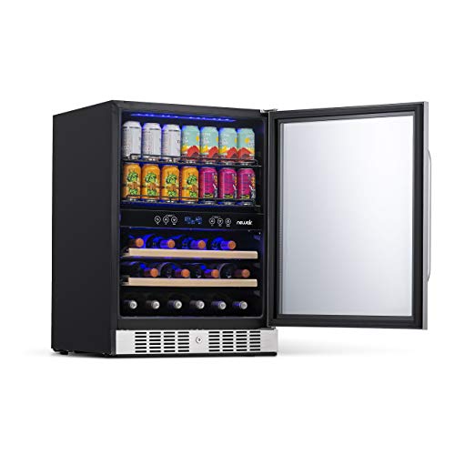 NewAir 24" Wine and Beverage Refrigerator Cooler, 20 Bottle and 70 Can Capacity, Built-in or Freestanding Dual Zone Fridge in Stainless Steel with Splitshelf