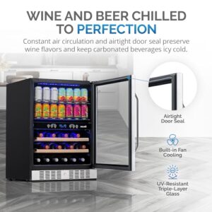 NewAir 24" Wine and Beverage Refrigerator Cooler, 20 Bottle and 70 Can Capacity, Built-in or Freestanding Dual Zone Fridge in Stainless Steel with Splitshelf