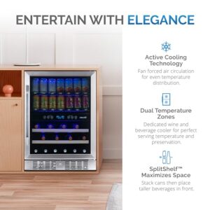 NewAir 24" Wine and Beverage Refrigerator Cooler, 20 Bottle and 70 Can Capacity, Built-in or Freestanding Dual Zone Fridge in Stainless Steel with Splitshelf