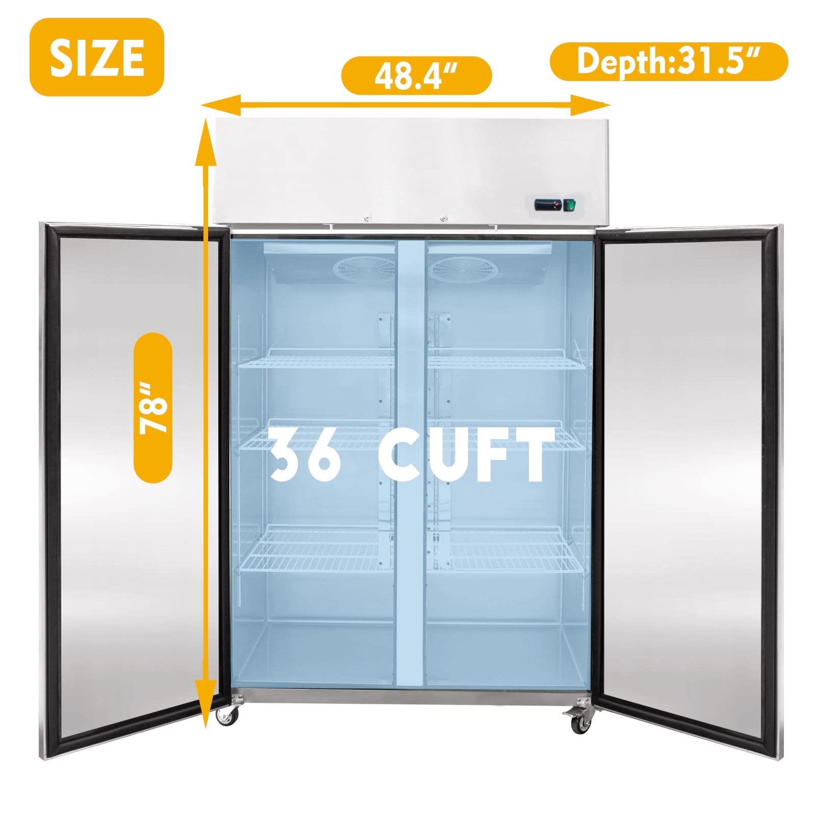 Aceland AF-48B Non-ETL 48"W Commercial Freezer 2 door 2 Section Stainless Steel Reach in Solid door Upright Fan Cooling Cooler for Restuarant, Bar, Shop, Residential 36 Cu.ft