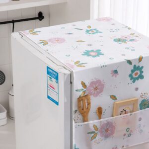 Dust-Proof Refrigerator Cover PEVA Washing Machine Top Protector with Side Storage Bags Water and Oil Proofing Refrigerator Cover Towel Universal Cover for Home and Kitchen(Flower)