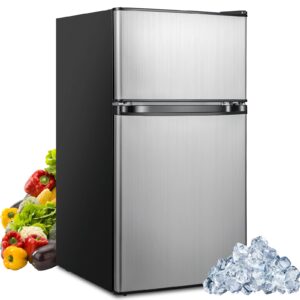petsite compact refrigerator, 3.2 cu.ft. stainless steel mini fridge with 5 temperature settings, reversible door, unit 2-door small freezer cooler for dorm, office, apartment