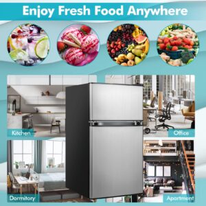 PETSITE Compact Refrigerator, 3.2 Cu.Ft. Stainless Steel Mini Fridge with 5 Temperature Settings, Reversible Door, Unit 2-Door Small Freezer Cooler for Dorm, Office, Apartment