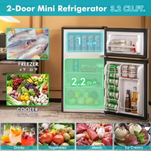 PETSITE Compact Refrigerator, 3.2 Cu.Ft. Stainless Steel Mini Fridge with 5 Temperature Settings, Reversible Door, Unit 2-Door Small Freezer Cooler for Dorm, Office, Apartment