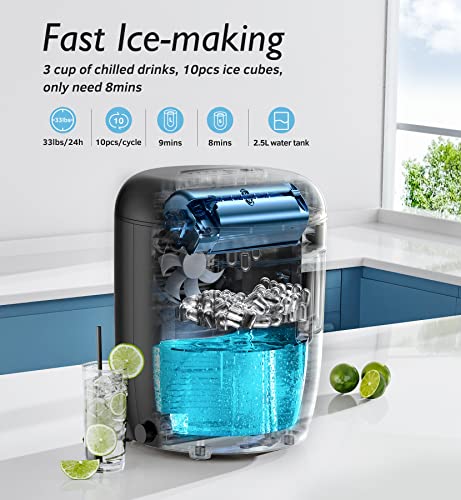 33Lbs Ice Maker Countertop, 10 Ice Cube Ready in 8-9 Mins, Crystal Clear Ice, 33Lbs/24H, Self-Cleaning Clear Ice Maker Machine, 2 Sizes Ice Cube Maker, Ice Scoop/Basket/Hook, for Home Camping Party RV