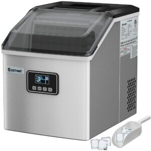 costway ice maker countertop, 48lbs/24h automatic ice stainless steel machine with self-cleaning function, easy-to-control lcd display, timer function, see-through window with ice scoop and basket