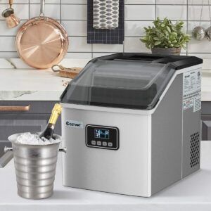 COSTWAY Ice Maker Countertop, 48LBS/24H Automatic Ice Stainless Steel Machine with Self-Cleaning Function, Easy-to-Control LCD Display, Timer Function, See-Through Window with Ice Scoop and Basket