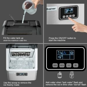 COSTWAY Ice Maker Countertop, 48LBS/24H Automatic Ice Stainless Steel Machine with Self-Cleaning Function, Easy-to-Control LCD Display, Timer Function, See-Through Window with Ice Scoop and Basket