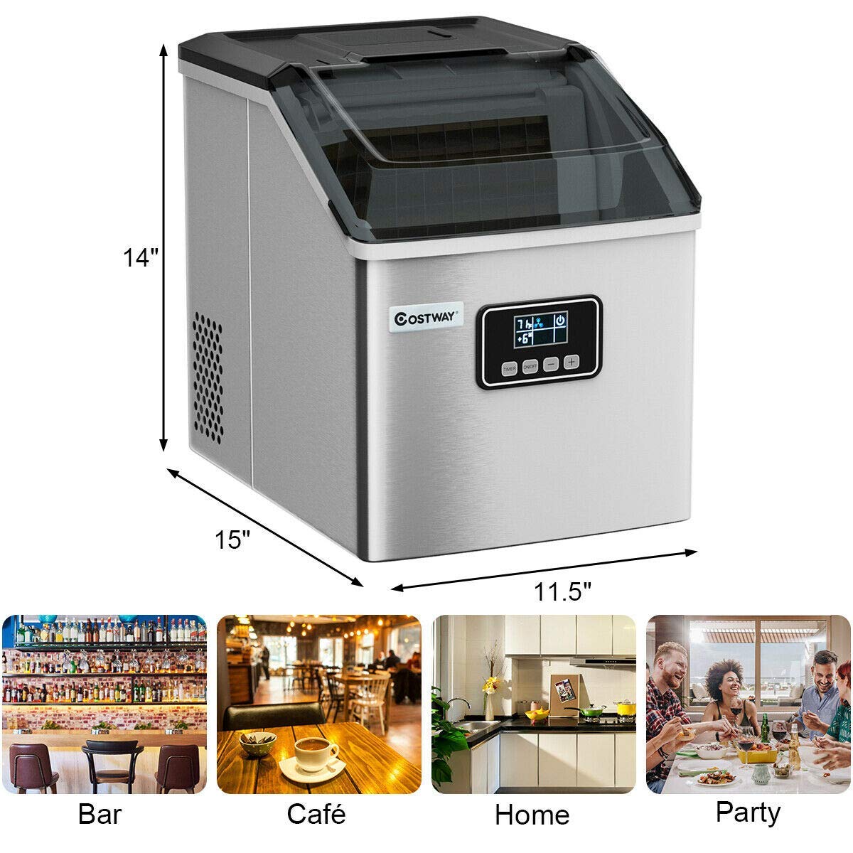 COSTWAY Ice Maker Countertop, 48LBS/24H Automatic Ice Stainless Steel Machine with Self-Cleaning Function, Easy-to-Control LCD Display, Timer Function, See-Through Window with Ice Scoop and Basket