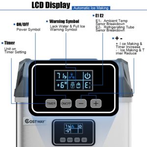 COSTWAY Ice Maker Countertop, 48LBS/24H Automatic Ice Stainless Steel Machine with Self-Cleaning Function, Easy-to-Control LCD Display, Timer Function, See-Through Window with Ice Scoop and Basket