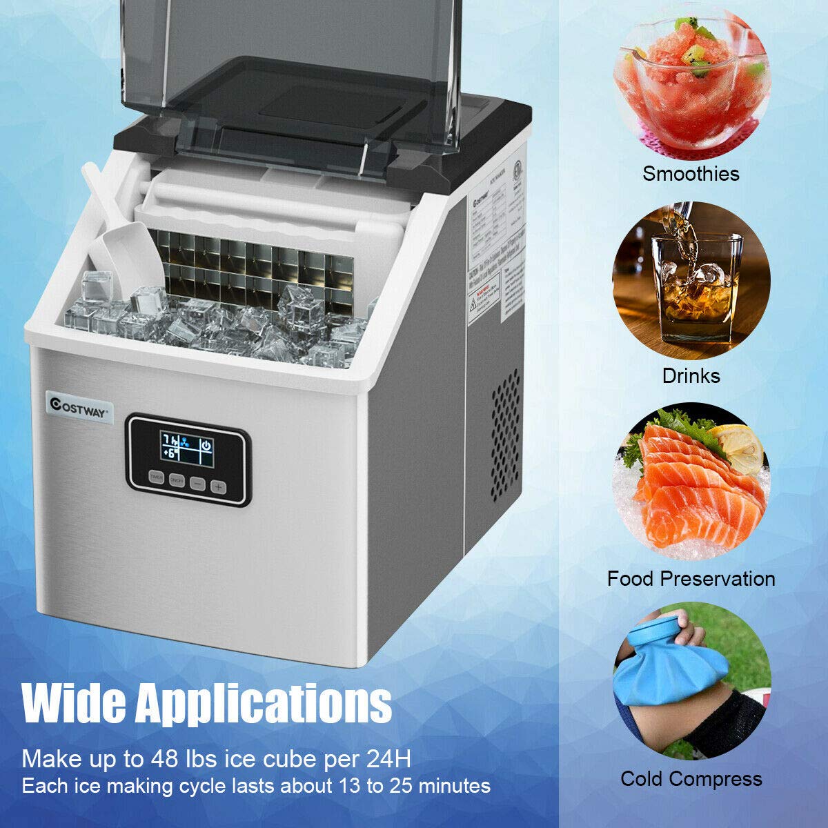 COSTWAY Ice Maker Countertop, 48LBS/24H Automatic Ice Stainless Steel Machine with Self-Cleaning Function, Easy-to-Control LCD Display, Timer Function, See-Through Window with Ice Scoop and Basket